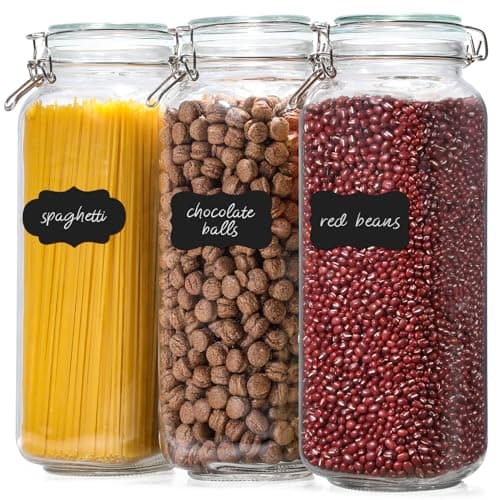 VITEVER [ Taller ] 92oz Glass Jars with Airtight Lid, Large Glass Food Storage Jars, 3 Pack Wide Mouth Airtight Glass Jars for Kitchen Pantry Spaghetti, Square Mason Jars with Labels image
