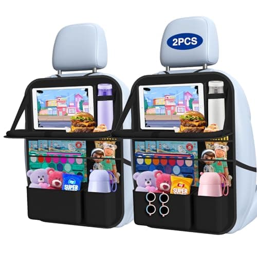 Car Backseat Organizer with Table Tray, 9 Storage Pockets Backseat Car Organizer with Tablet Holder, Kick Mats Back seat Organizer seat protector for Kids Adult Road Trip Essentials Travel (2Pack) image