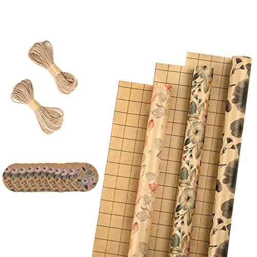 RUSPEPA Wrapping Paper Rolls with Tags and Jute String - Mini Roll - 17 inches x 10 feet per Roll, Total of 3 Rolls, Flowers image