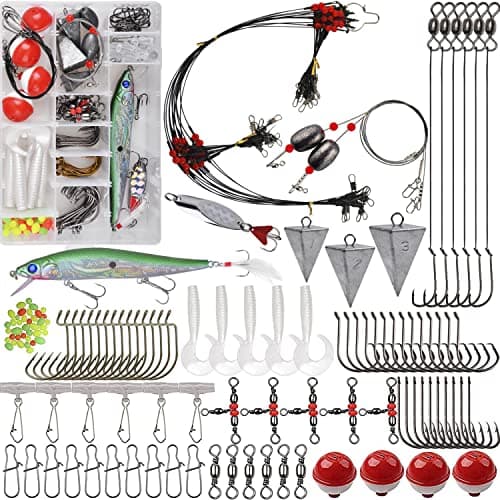 Saltwater Fishing Gear, 131pcs Saltwater Surf Fishing Tackle Kit Include Saltwater Fishing Lures Fishing Rigs Pyramid Sinker Fishing Hooks Leader Swivel Spoons Lures Fishing Accessories image