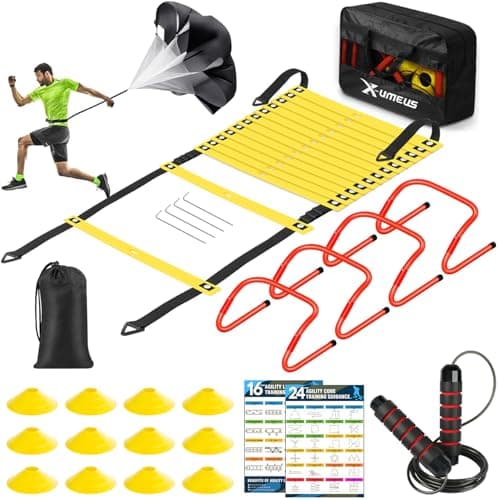 X-UMEUS Agility Ladder Speed Training Equipment Set-20ft Agility Ladder, 12 Soccer Cones, 4 Hurdles, Jump Rope, Running Parachute image