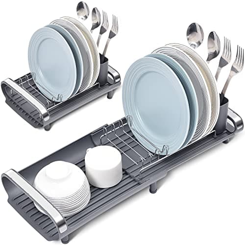 TOOLF Expandable Dish Rack, Compact Dish Drainer, Stainless Steel Dish Drying Rack with Removable Cutlery Holder, Anti Rust Plate Rack, Small Sink Drainer for Sink or Kitchen Countertop image