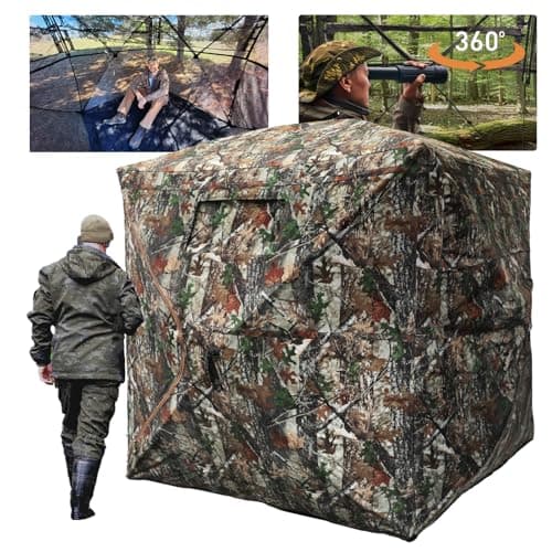 FUNHORUN Hunting Blind with Floor Mat, 360 Degree See Through Ground Blind for Hunting, 3/4 Person Pop Up Camouflage Tent for Deer and Turkey image