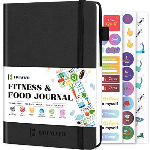 EPEWIZD Food and Fitness Journal, Weight Loss Journal for Women Men, 5.6"X 8.5" Food Diary & Meal Planner to Track Diet and Fitness Health, Calorie Counter Book (3 Month)-Black image