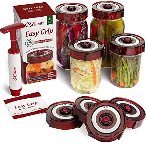 Fermenting Lids for wide mouth mason jars. 4 waterless airlock fermentation lids kit. Easy Grip fermenter lid with Oxygen Pump automatically Vents air. image