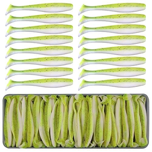 Funzhan 50Pcs Fishing Shad Lures Eco-Friendly Material Plastic Creature Baits Swimbait Paddle Tail Jerkbait for Bass Speckled Trout Perch Saltwater Portable Box image