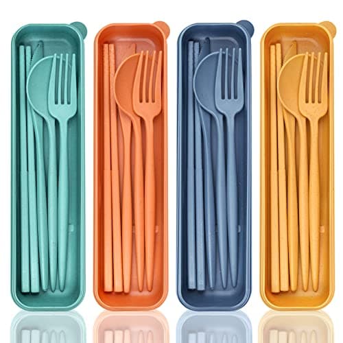 DISSKNIC Reusable Travel Utensils with Case, 4 Sets Wheat Straw Portable Cutlery Set Chopsticks Knives Fork and Spoon for Lunch Box Accessories, Camping Flatware Sets for Daily Use or Outdoor image
