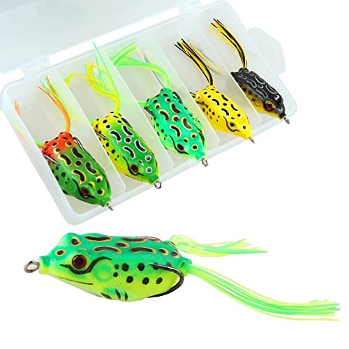 5Pcs Topwater Frog Lures Sets with Bait Box, Frog Lure Ray Frog Topwater Fishing Crankbait Lures, Frog Artificial Soft Bait for Bass Snakehead, Weedless Freshwater Soft Simulated Frog Bait image