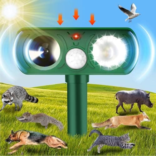 Ultrasonic Cat Deterrent, Solar Powered Deterrent with Motion Sensor and Flashing Lights Outdoor Solar Farm Garden Yard Device Dogs Cats image