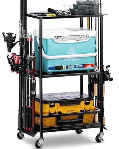 EXTCCT Fishing Rod Holder - Fishing Pole Rack for 10 Rods - Adjustable Height Fishing Gear Equipment Organizer Storage Solution for Garage Basement or Indoor image