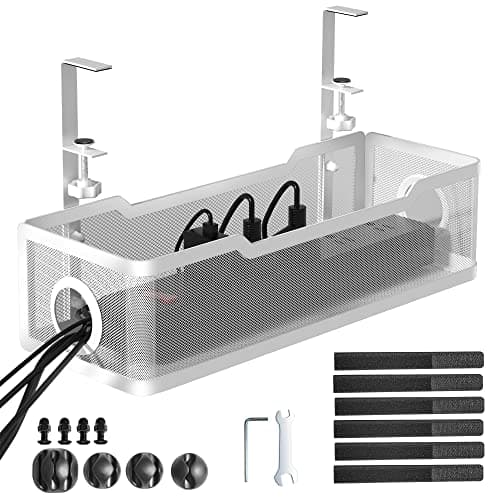 Under Desk Cable Management Tray White, Cinati Cable Management Under Desk No Drill, Cable Tray with Clamp for Desk Wire Management, Desk Cable Management Box for Office, Home - No Damage to Desk image