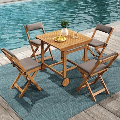 Olaterior 5 Piece Outdoor Dining Set, Acacia Wood Patio Dining Set for 4, Square Dining Table w/Wheel and 4 Folding Chairs w/Cushion, Space Saving Furniture for Garden Yard Porch, Grey image