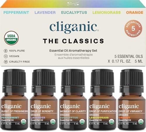 Cliganic Organic Essential Oils Set (Top 5) - 100% Pure Natural - Aromatherapy, Candle Making - Peppermint, Lavender, Eucalyptus, Lemongrass & Orange (Packaging May Vary) image
