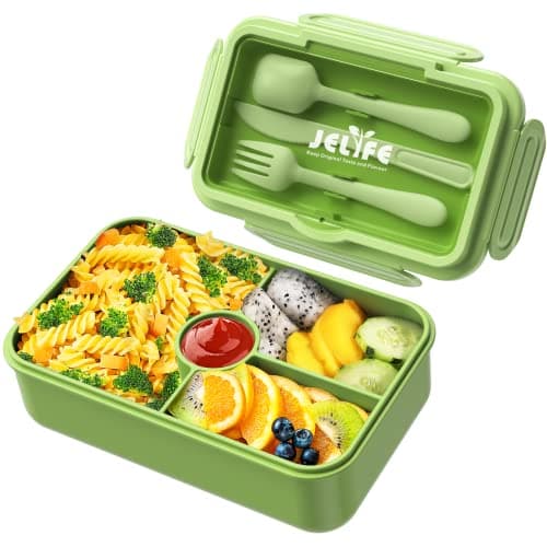 Jelife Bento Box Kids Lunch Box - Large Bento-Style Leakproof with 4 Compartments Food Storage Container with Tableware for Kids Back to School, Reusable On-the-Go Meal and Snack Packing, Green image