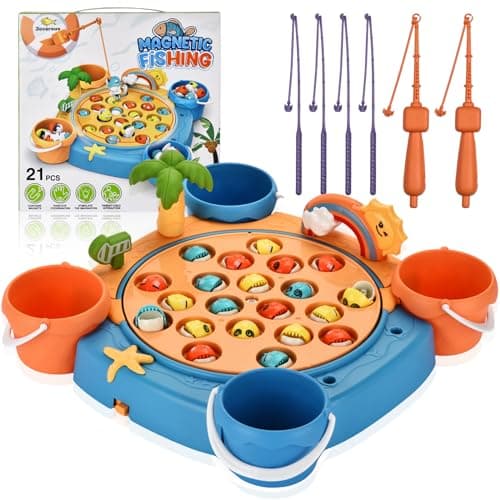 Jovarous Magnetic Fishing Game Set - 21 Fish and 6 Poles, Rotating Toddler Board Games with Music Switch, Fine Motor Skills Fishing Toys for Kids and Toddlers 3 4 5 6 7 8 and Up image