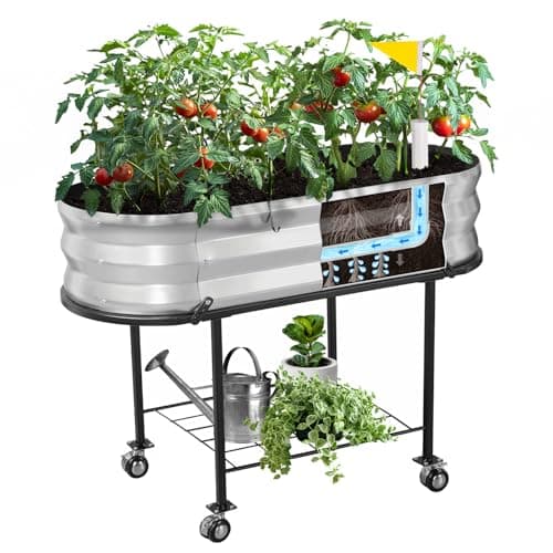 The Home Cult Raised Garden Bed with Legs and Wheels, Self-Watering Planter Box, Wicking Bed, Galvanized Metal Elevated Raised Bed Cart with Drainage Hole and Liner for Indoor Outdoor Gardening image