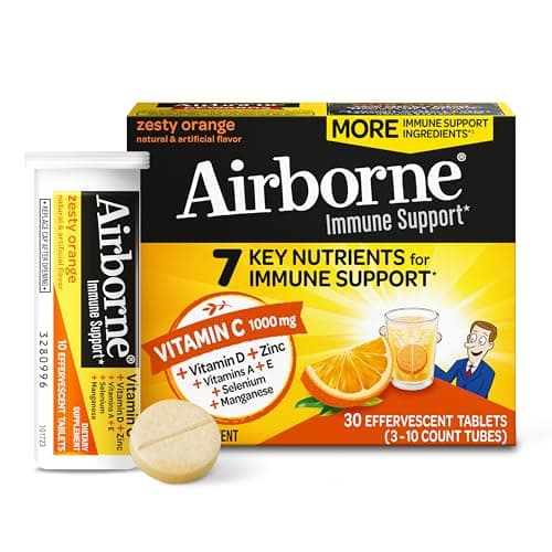 Airborne 1000mg Vitamin C with Zinc, SUGAR FREE Effervescent Tablets, Immune Support Supplement with Powerful Antioxidants Vitamins A C & E - 30 Fizzy Drink Tablets, Zesty Orange Flavor image