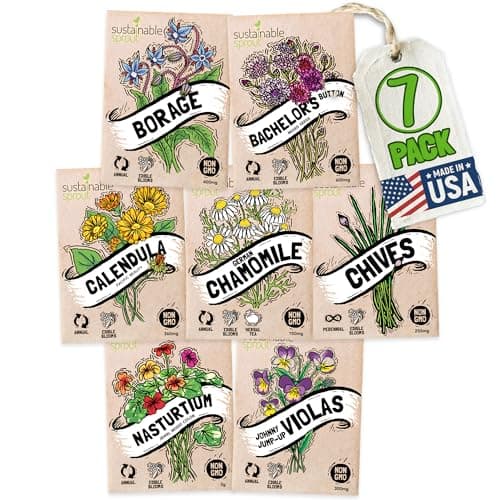 Edible Flower Seeds for Planting: 7 Variety Packets: Viola, Calendula, Chamomile, Chives, Bachelor Button, Borage & Nasturtium image