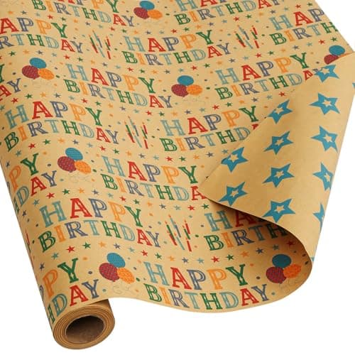 BOLIANNE Kraft Birthday Wrapping Paper Roll for Boys Girls Kids Men Women - Reversible Happy Birthday Gift Wrap Paper for Holiday Party - 1 Roll, 17.2 Inch X 33 Feet image