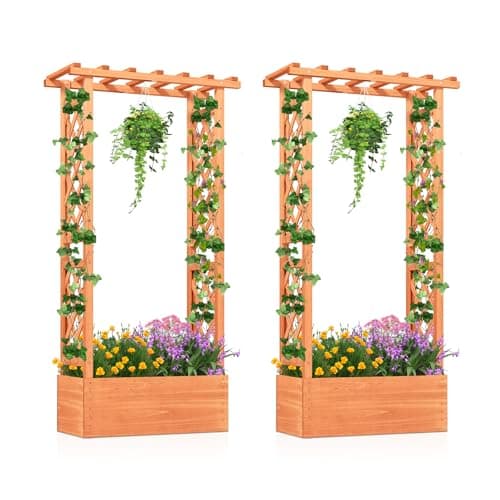 HAPPYGRILL Raised Garden Bed with Trellis, 2 Pack Wood Elevated Garden Bed with Hanging Roof, Planter Box, Drainage Holes for Climbing Plants, Flowers, Vegetables, 31" L x 14" W x 60" H image