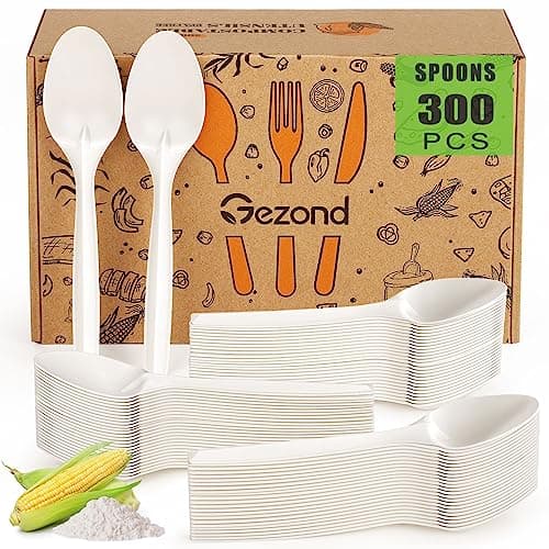 Gezond Compostable Spoons 300 Pack 6.7 Inch Disposable Spoons No Plastic Biodegradable Cutlery Set Heavy-duty for Party Wedding Camping Office Picnic image