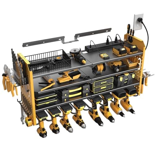 SUPERDANNY Power Tool Organizer Wall Mount with Charging Station, Adjustable 4-Tier 8 Drill Storage Shelf Garage Organization, Cordless Drill Hanger Tool Battery Holder Storage Rack with 6 AC 4 USB image