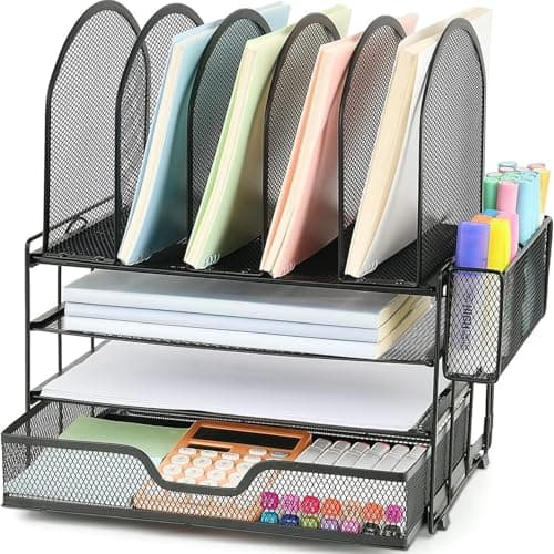 ORDROLL Desk Organizers and Accessories with Drawer, File Organizer with 5 Vertical File Holders and Pen Holders, Office Desk Accessories Workspace Desktop Organizers for Office Supplies (Black) image