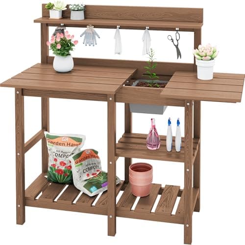 SERWALL Potting Bench Outdoor Potting Table with Sink, HDPE Potting Benches for Outside Gardening Table All Weather Use- Brown image