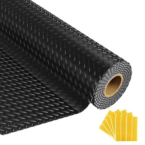 Grandroad auto 8x20 FT Garage Floor Mat, 2.8mm Thickened Flooring Roll Diamond Plate PVC Rubber Trailer Mat with 20 Pcs Tapes, Non-Slip Floor Protector Mat for Garage, Warehouse, Gyms, Trailer, Black image