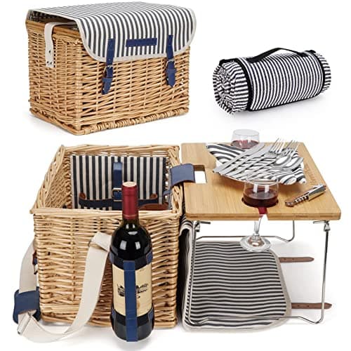 Wicker Picnic Basket for 2 Persons Picnic Kit, Willow Hamper Service Gift Set with Bamboo Wine Table for Camping and Outdoor Party image