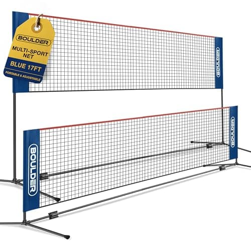 BOULDER Portable Badminton Net Set - for Tennis, Soccer Tennis, Pickleball, Kids Volleyball - Easy Setup Nylon Sports Net with Poles (Blue/Red, 17 FT) image