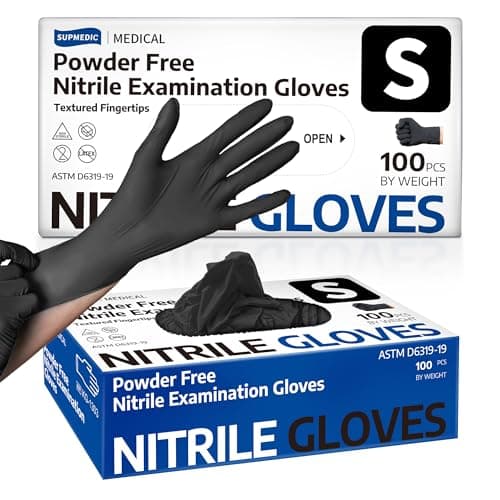 Supmedic Disposable Nitrile Gloves, Chemical Resistant, Powder-Free, Latex-Free, Food Safe, Medical Exam Gloves, Black, Small, 100 Pcs image