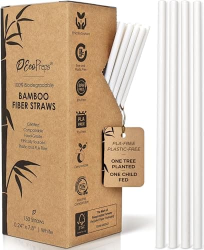 EcoPreps Biodegradable Bamboo Fiber Straws | 150 Count, 100% Compostable, Plastic-Free, Eco-Friendly Drinking Straw | 7.8'' Plant Fiber Disposable Straws, White Straw | Durable for Warm & Cold Drinks image