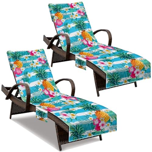Beach Chair Cover with Side Pockets (1Pc), Thick and Quick Dry Lounge Chair Towel Cover for Sun Lounger Pool Sunbathing Garden Beach Hotel, No Sliding, Pineapple Theme image