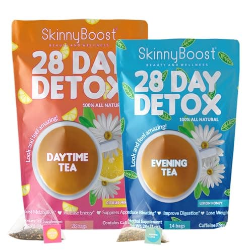 SkinnyBoost 28 Day Detox Tea Kit – Natural Cleansing & Bloating Support – 28 Daytime Tea Bags & 14 Evening Tea Bags – Green Tea & Herbal Blend – Non-GMO, Vegan, Keto-Friendly, Sugar-Free image