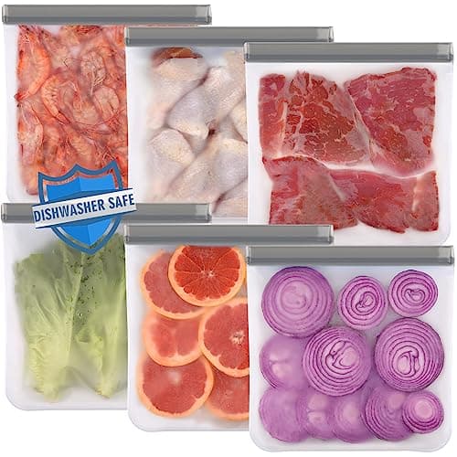 Lerine 6 Pack Reusable Gallon Freezer Bags Dishwasher Safe, BPA Free Reusable 1 Gallon Bags Silicone, Leakproof Reusable Storage Bags for Marinate Meats, Cereal, Vegetables, Home Organization(Grey) image