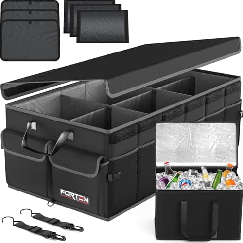 FORTEM Car Trunk Organizer with Cooler, Collapsible Multi Compartment SUV Organizer, Foldable Storage for Car Accessories for Women Men, 600D Oxford, Non Slip Bottom, Securing Straps Soft Cover (105L) image