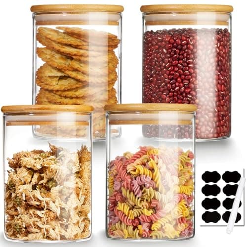 Mfacoy 4 Pack Glass Storage Jars with Airtight Bamboo Lid, 27 OZ Glass Canisters Set with Labels, Glass Food Storage Jar for Kitchen, Clear Container for Candy, Cookie, Coffee Beans, Snacks, Spices image