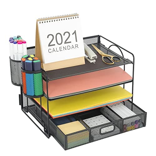 Marbrasse 4-Trays Desktop File Organizer with Pen Holder | Paper Letter Tray with Drawer and 2 Pen Holder | Mesh Office Supplies Desk Organizer for Home Office (Black) image