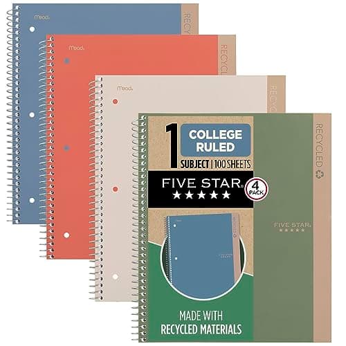 Five Star Spiral Notebooks + Study App, Recycled Cover, 4 Pack, 1 Subject, College Ruled Paper, 8-1/2” x 11", 100 Sheets per Notebook, Zion Clay, Olympic Green, Glacier Blue, Smoky Gray (820046) image