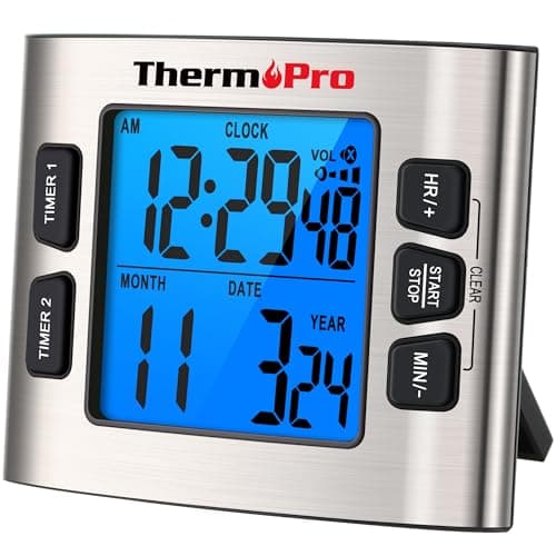 ThermoPro TM02 24 Hours Digital Timer with Dual Kitchen Timers for Cooking, Stop Watches Magnetic Timer Clock with Adjustable Alarm Volume & LCD Backlit Display, Classroom Timer for Kids & Teachers image