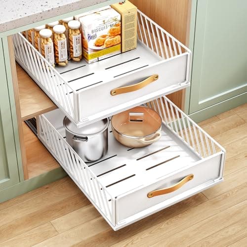 Pull out Cabinet Organizer Fixed with Adhesive Nano Film, Heavy Duty Slide out Pantry Shelves Drawer Storage, Sliding Mesh Cabinet Basket with Handle for Kitchen, Bathroom, Home, 13.8"W X 21"D X6.2"H image
