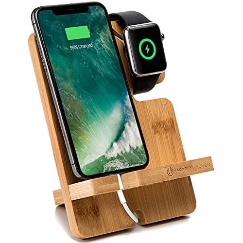 JACKCUBE Design Bamboo Charger Dock Stand Multi Device Charging Station Organizer Holder for Smartphone Cellphone Mobile Phone – :MK243A image