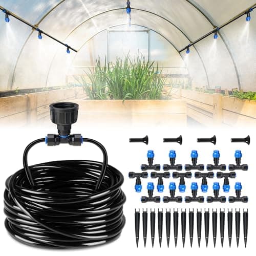 HIRALIY 59FT Greenhouse Mist Drip Irrigation Kit, Hanging Plant Watering, Garden Watering System with 1/4" Blank Tubing and Misting Nozzles, Quick Connector Design Automatic Irrigation System image