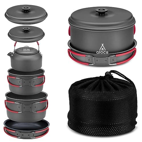 Alocs Camping Cookware Set Camping Gear, Compact Camping Pots and Pans Set, Durable Hard Alumina Camping Cooking Set for Outdoor Backpacking Camping Hiking Picnic, Included Mesh Carry Bag. image