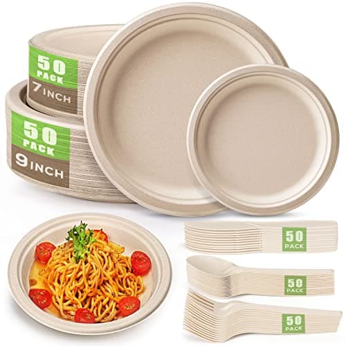 Gezond 250Pcs Disposable Paper Plates Set, Compostable Plate Sugarcane Utensils Eco Friendly Dinnerware Kit Includes 50 Biodegradable Plates, Forks, Knives and Spoons for Birthday Party Camping image
