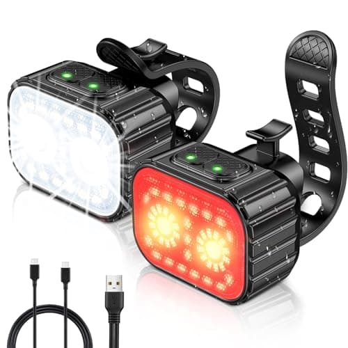 Cuvccn Bike Lights, Rechargeable Bicycle Lights Set Super Bright 8+12 Modes, IPX6 Waterproof Bike Lights for Night Riding/Cycling Safety, Front and Back Taillight Reflectors, 58 Hrs Long Battery Life image
