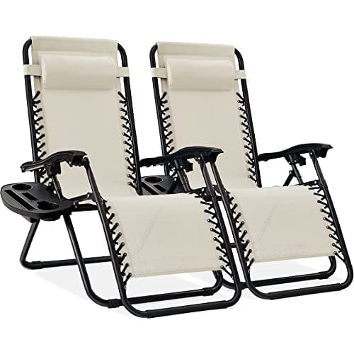 Best Choice Products Set of 2 Adjustable Steel Mesh Zero Gravity Lounge Chair Recliners w/Pillows and Cup Holder Trays - Ivory image