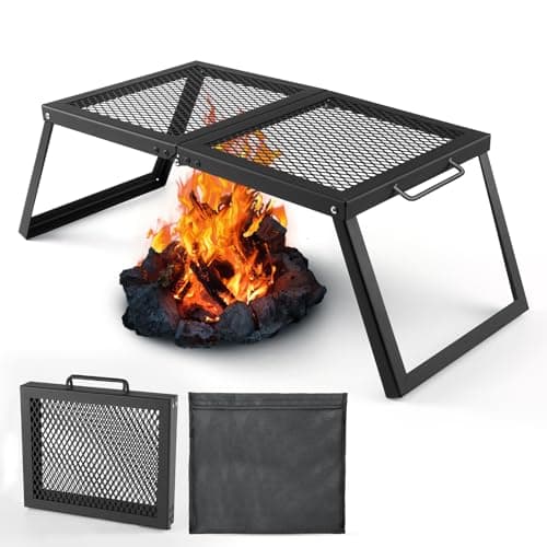 Odoland Folding Campfire Grill, Heavy Duty Steel Mesh Grate with Folding Legs and Storage Bag, Portable Camping Grates, Over Fire Pit Grill Rack for Outdoor Cooking and Bonfire image