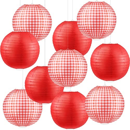 Elcoho 10 Pieces Picnic Party Decorations Red Paper Lanterns Round Hanging Lanterns for Summer Barbecue Birthdays Holidays Picnic Party Supplies, Pure Red, White and Red Plaid image